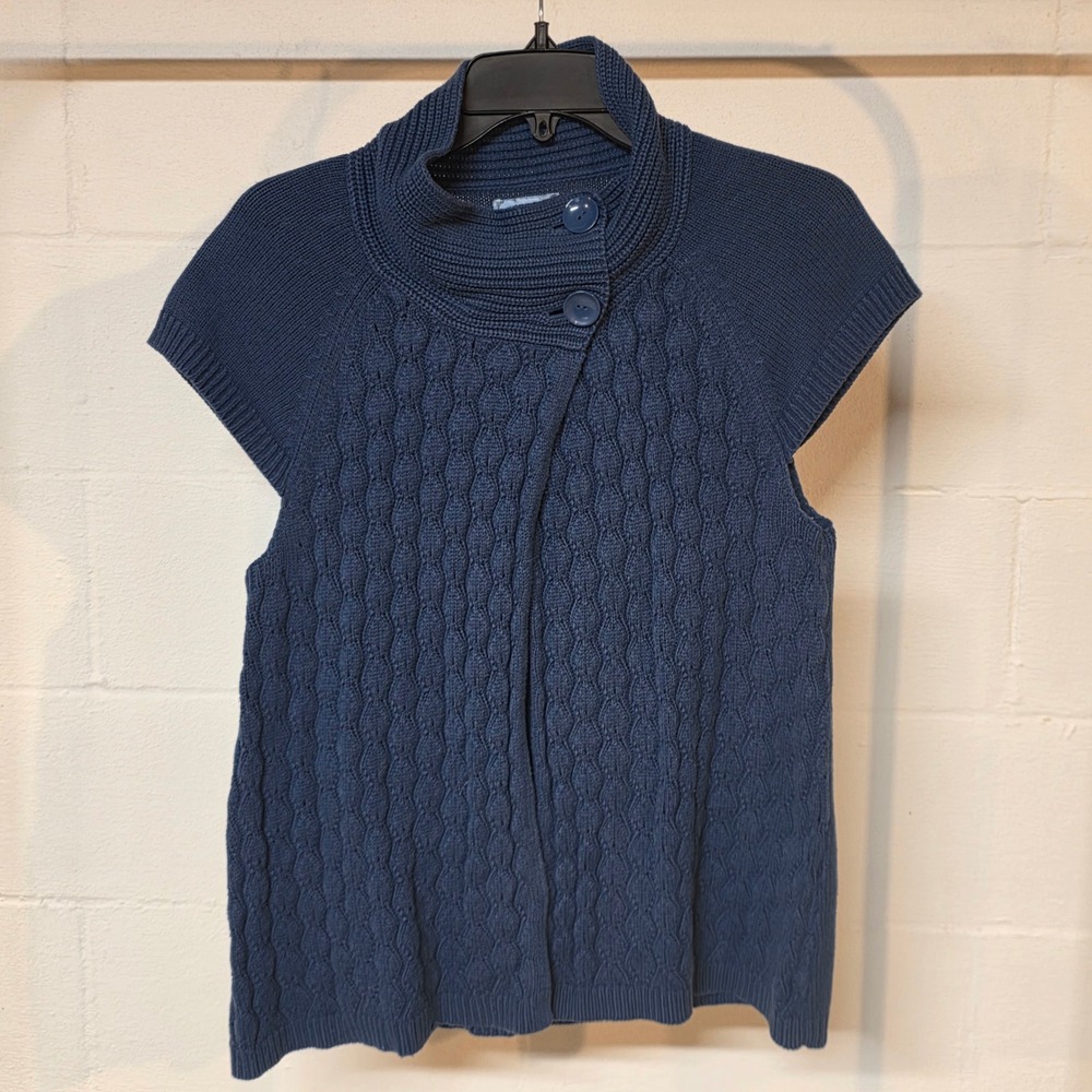 Y2K IZOD Navy Blue Cable Knit Short Sleeve Funnel Neck Button Cardigan Women L